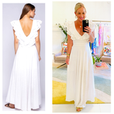 White Linen Triple Cascading Ruffle Maxi Dress