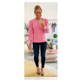 Bubblegum Pink OR Black Contrasting Ribbed Knit Puff Sleeve Sweater