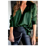 Emerald Green Satin V-Neck Blouse with Mandarin Collar