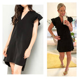 Black Flutter Sleeve High Low Hem Shift Dress with Pockets