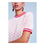 Baby Pink Open Knit Short Sleeve Sweater with Lavender & Poppy Red Banded Trim