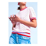 Baby Pink Open Knit Short Sleeve Sweater with Lavender & Poppy Red Banded Trim