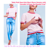 Baby Pink Open Knit Short Sleeve Sweater with Lavender & Poppy Red Banded Trim