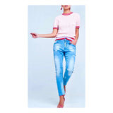 Baby Pink Open Knit Short Sleeve Sweater with Lavender & Poppy Red Banded Trim