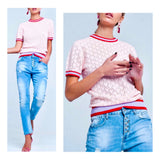 Baby Pink Open Knit Short Sleeve Sweater with Lavender & Poppy Red Banded Trim
