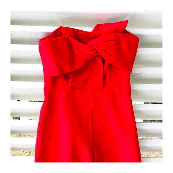 Poppy Red Bow Front Romper with Banded Waist & Peekaboo Back