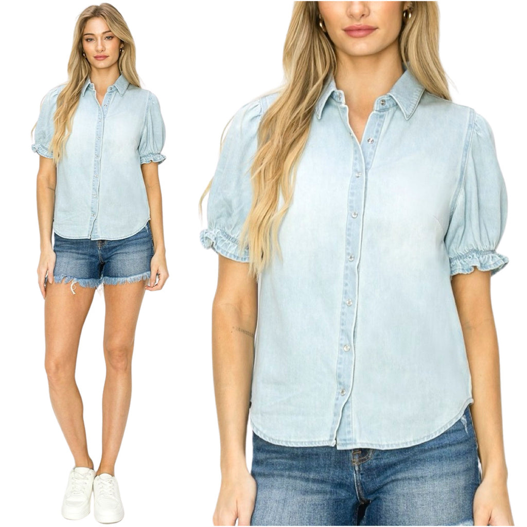 Light Wash Ruffled Puff Sleeve Denim Ina Top - James Ascher