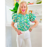 Metallic Puff Sleeve Green Abstract Melanie Top