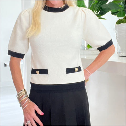 Cream & Black Knit Puff Sleeve Merris Top w/ Gold Buttons