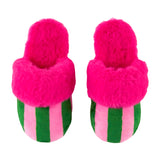 Pink & Green Cabana Stripe Fuzzy Slippers