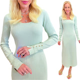 Seafoam Metallic Lurex Gold Button Sleeve Kempton Dress