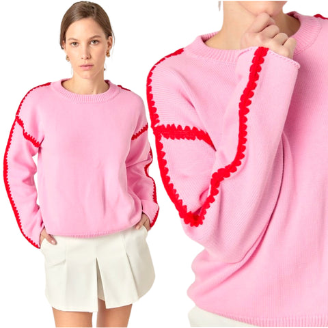 Pink & Red Scalloped Stitch Daisy Sweater