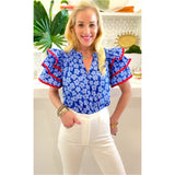 Blue & Red RicRac Kristen Top w/Shirred Ruffle Neck