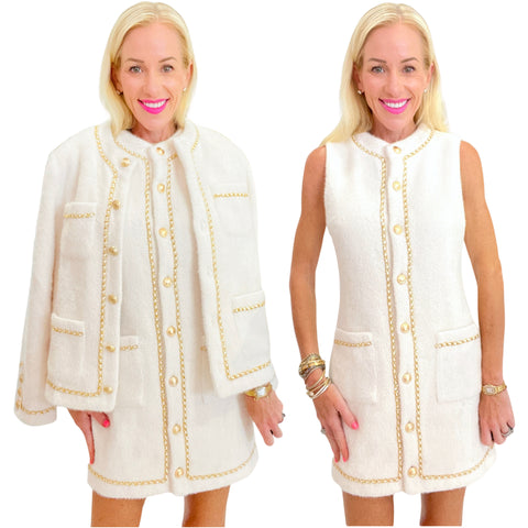 Ivory Fuzzy Knit Chain Detail Marisol Dress & Jacket (sold separately)