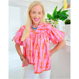 Pink & Orange Bow Print Cotton Hilton Top