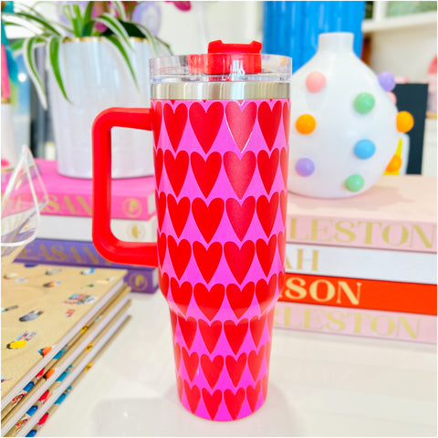 Pink & Red Hearts Blanket + Insulated Tumbler w/ Straw