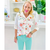 Embroidered Hearts & Floral Soft Lyocell Sketchbook Button Down Top