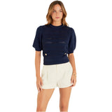 Navy Gold Button Puff Sleeve Hunter Sweater