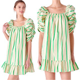 Green Ribbon Trimmed Puff Sleeve Madris Dress