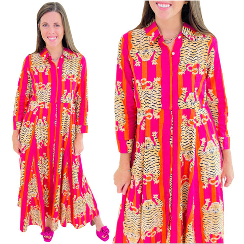 NEW COLOR Orange & Pink Block Print Tibetan Tiger Dress w/ Pockets