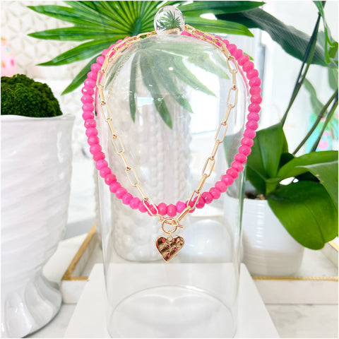 (Layer them!) Handmade Bubblegum Gemstone Necklace & Paperclip Heart Necklace