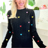 Black Multi Embroidered Hearts Halsey Cable Knit Sweater