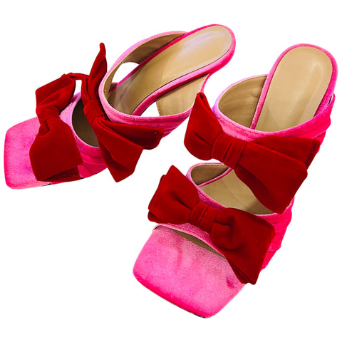 Pink & Red Velvet Bow Heels