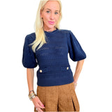 Navy Gold Button Puff Sleeve Hunter Sweater