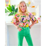 Pink Bubble Sleeve Fruity Top w/Keyhole Back
