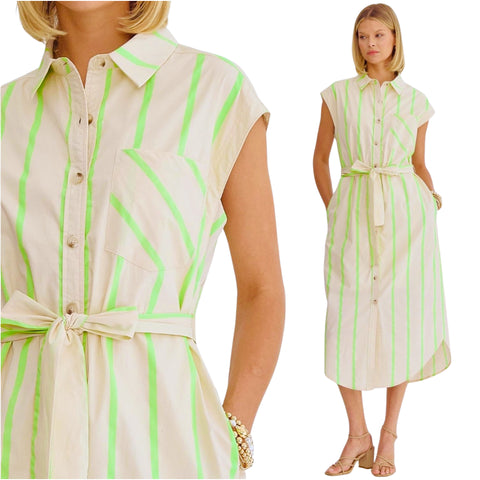 Neon Green Stripe Cotton Yula Dress w/ Pockets