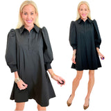 Black Pleated Back Puff Sleeve Dillon Dress