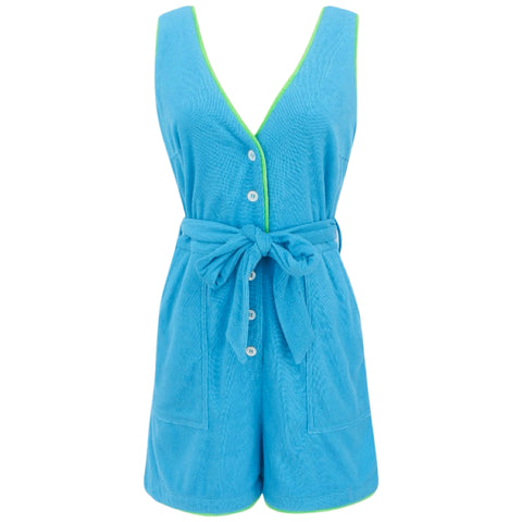 Blue & Neon Green Piped Terrycloth Mila Romper