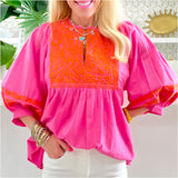 Pink & Orange Embroidered 3/4 Balloon Sleeve Cotton Fresca Top