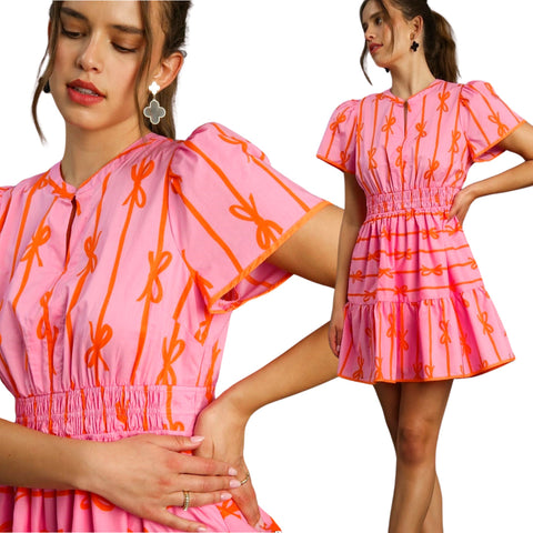 Pink & Orange Bow Print Smocked Waist Cotton Daisy Dress