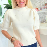 Off White Scalloped Mia Sweater w/ Rhinestone & Pearls