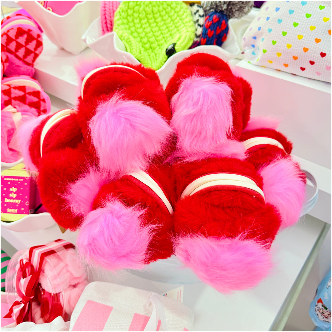 Pink \u0026 Red Pom Pom Slippers - James Ascher