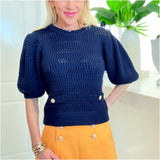 Navy Gold Button Puff Sleeve Hunter Sweater