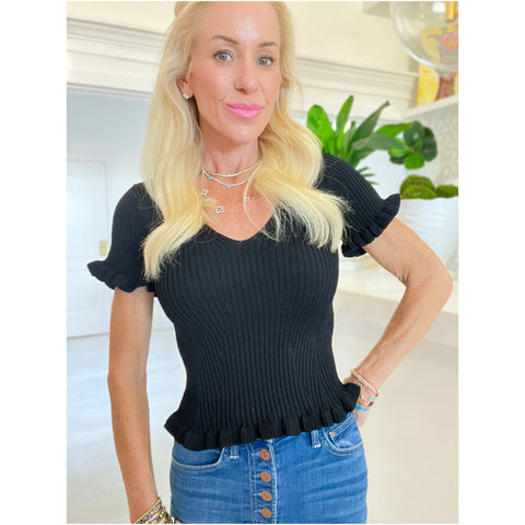 Black Knit Onya Layering Top with Lettuce Edge