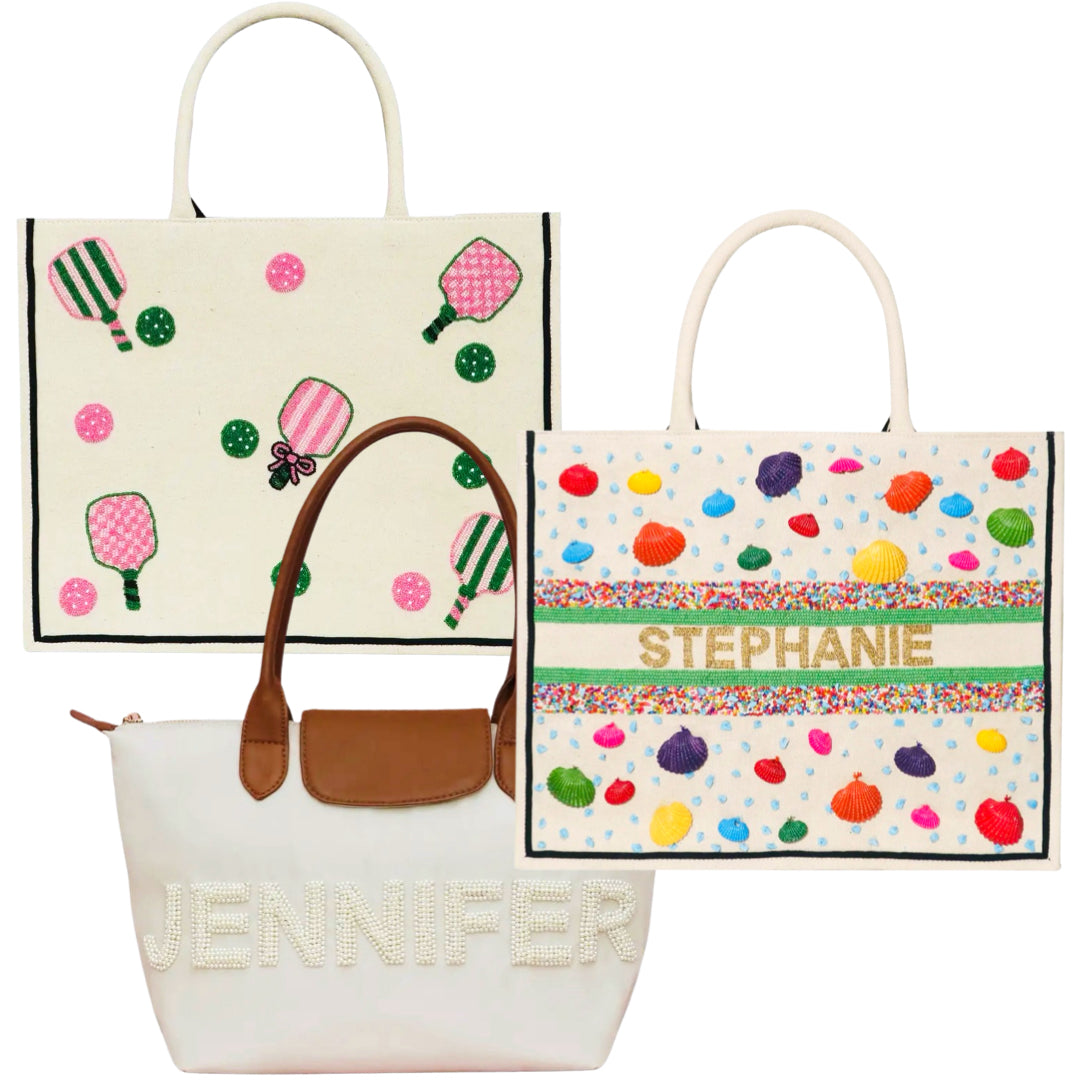 Hand Beaded Canvas Pearl, Pickleball & Seashell Totes - James Ascher