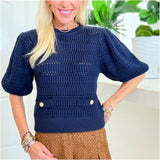 Navy Gold Button Puff Sleeve Hunter Sweater