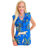 Blue Ruffle Block Print Cotton Jungle Top