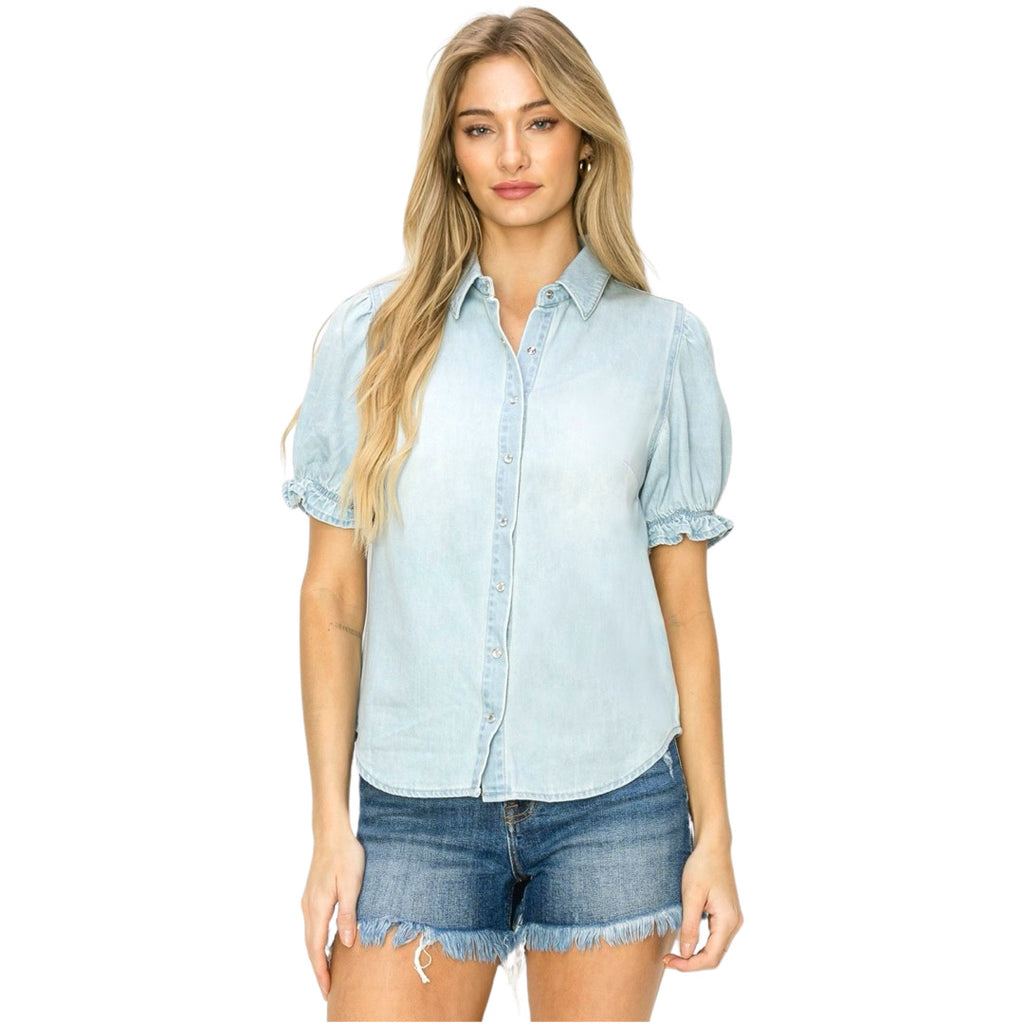 Light Wash Ruffled Puff Sleeve Denim Ina Top - James Ascher