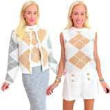 Embroidered Argyle Knit Tank & Gold Button Cardigan Jacket