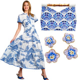 Blue Toile Smocked Waist Janson Dress w/Blue Piping