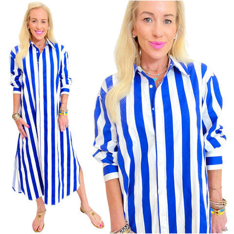 Vibrant Blue Cabana Stripe Lyford Cay Button Down Dress w/Pockets