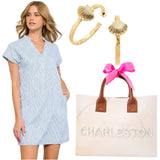 Eyelash Trim Blue Stripe Sanibel Dress w/Button Cuff Sleeves & Pockets