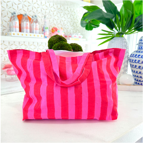 21” Block Print Organic Cotton Tote in Pink Red Stripe