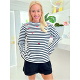 Navy Stripe Embroidered Hearts Terry Knit Chelsie Top