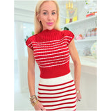 Button Detail Red Ivory Stripe Knit Ranken Top