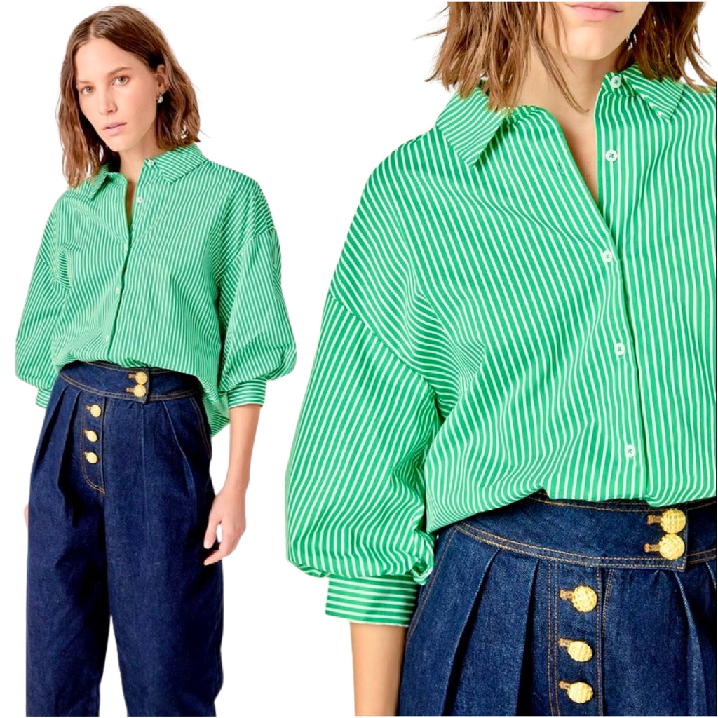 Preorder) Green Stripe Balloon Sleeve Claudia Top - James Ascher